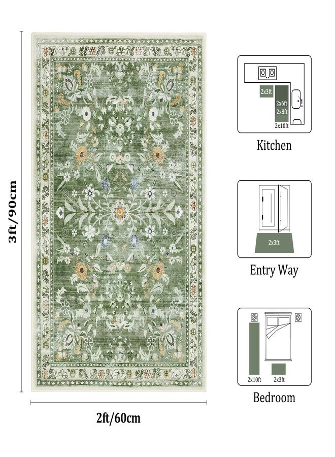 Yamaziot Washable Runner Rug 2x3 - Floral Non Slip Small Entryway Rug with Rubber Backing, Low Pile Faux Wool Distressed Carpet for Indoor Door Mat, Kitchen, Laundry Entrance, Green - Image 3